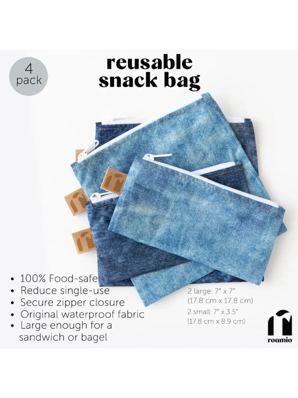 Reusable Sandwich & Snack Bags for Kids & Adults - Washable, Waterproof, 4-Pack
